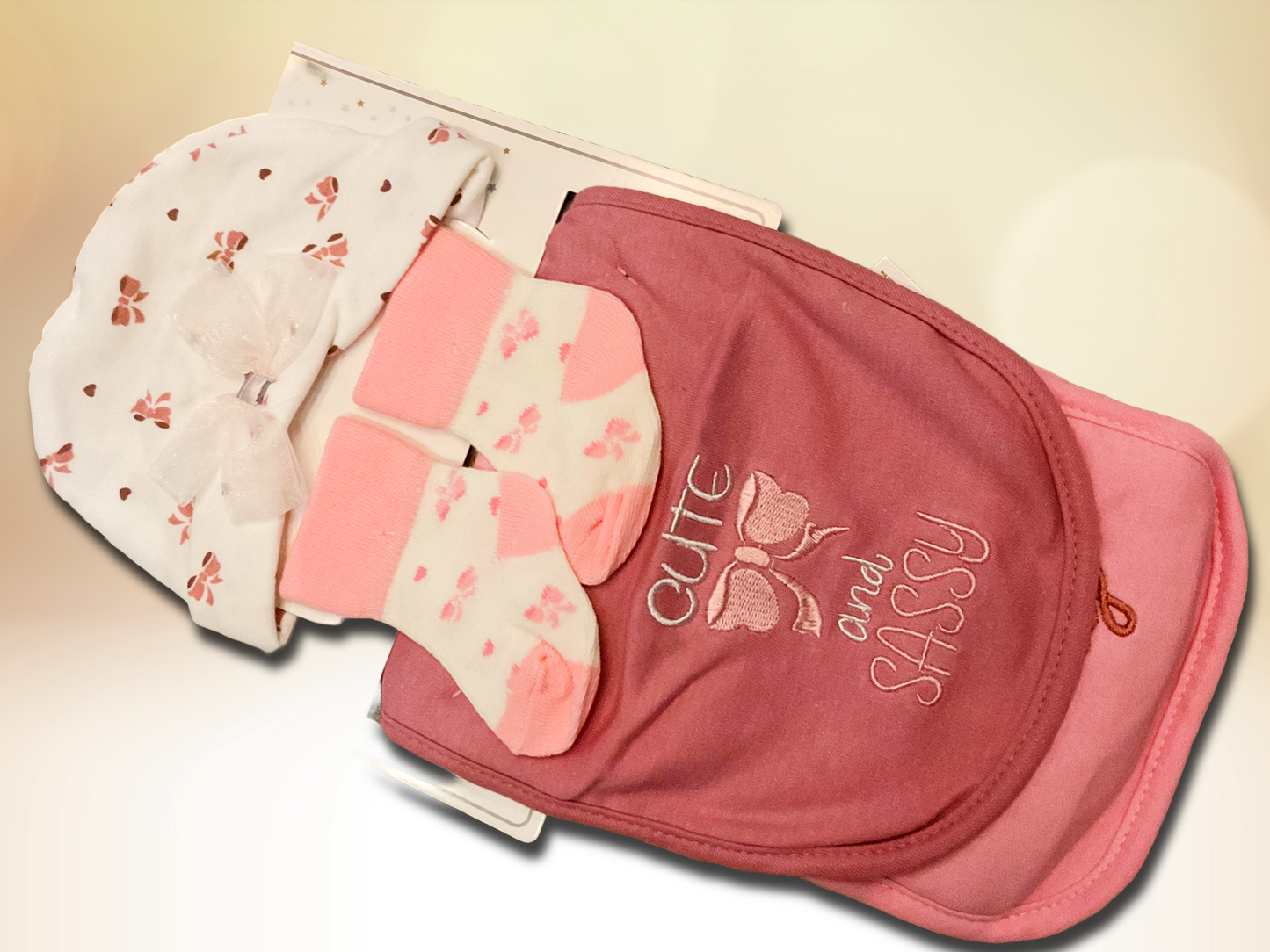 4 Pcs Gift Set Hat, Bib, Burp Cloth & Socks