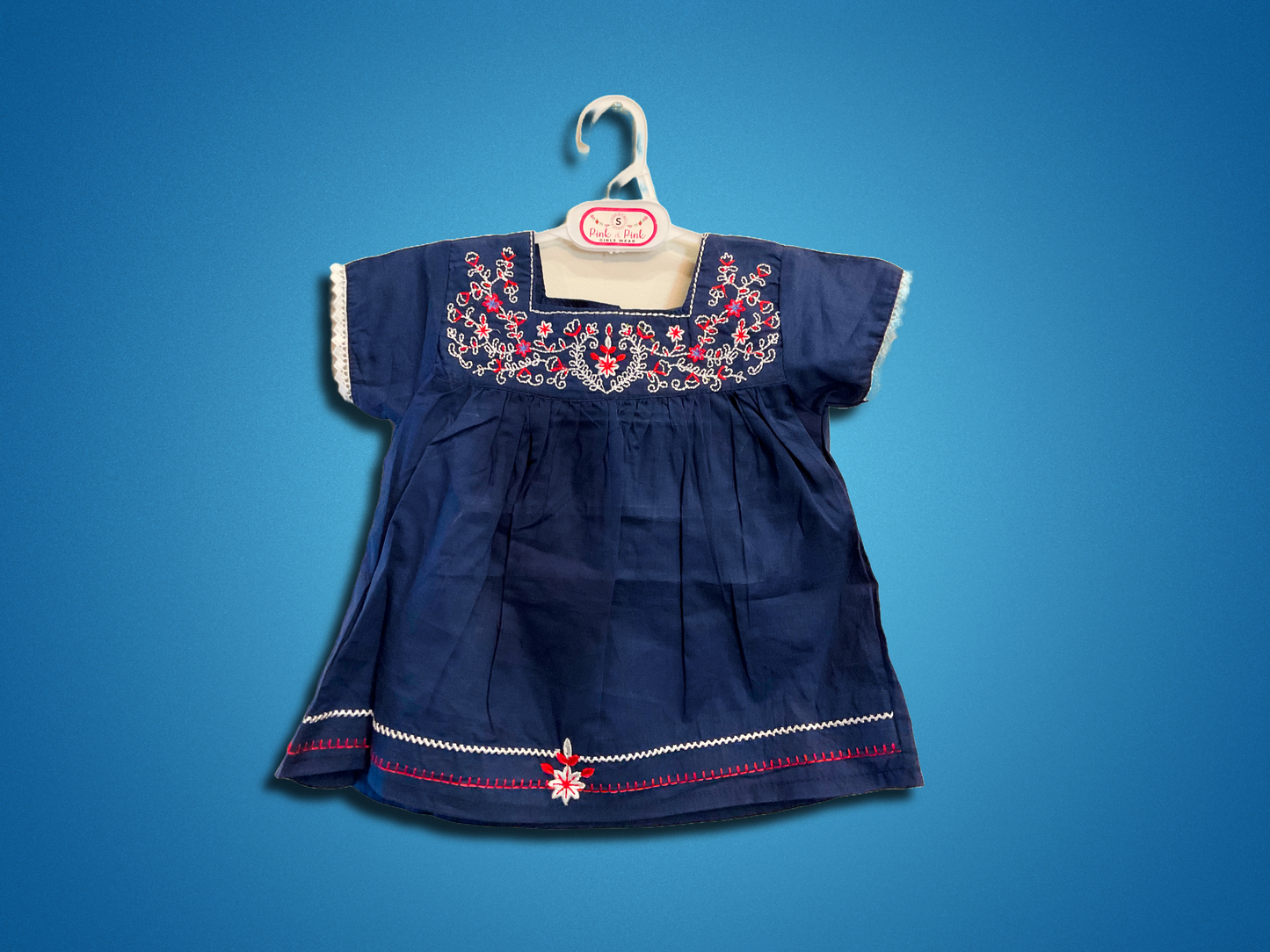 Navy Blue Embroidered Cotton Frock for Girls