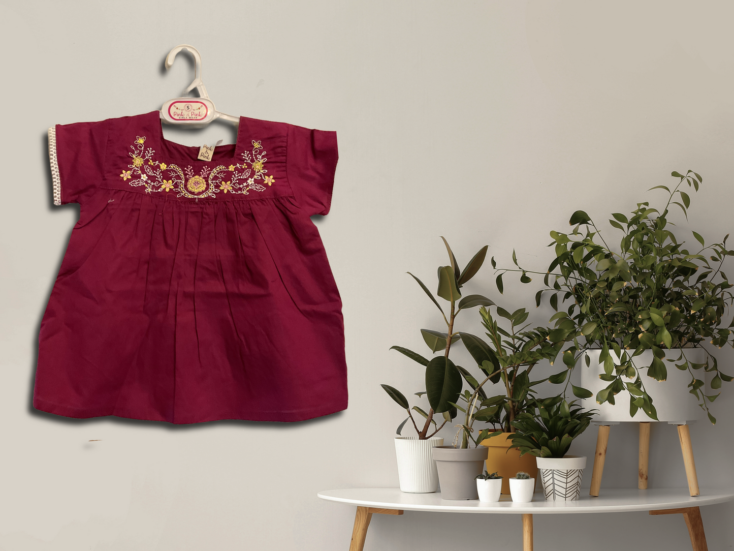 Maroon Embroidered Cotton Frock for Girls
