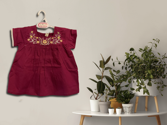 Maroon Embroidered Cotton Frock for Girls