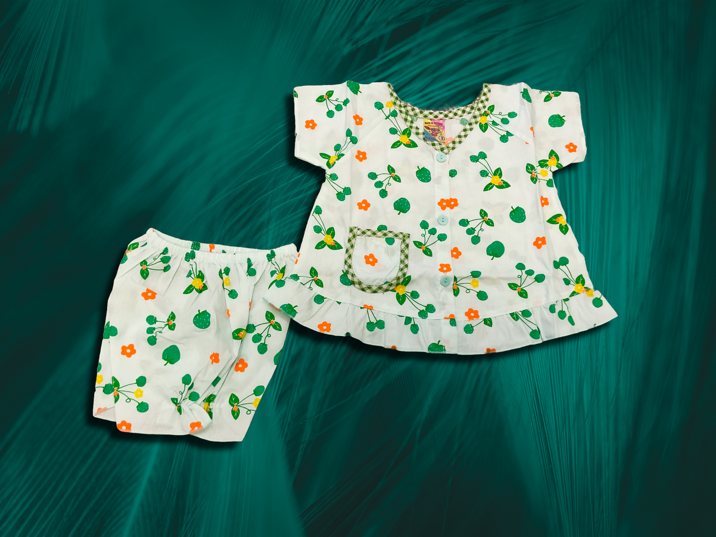 Green Floral Print Cotton Top & Shorts Set – Baby Girls’ Casual Wear
