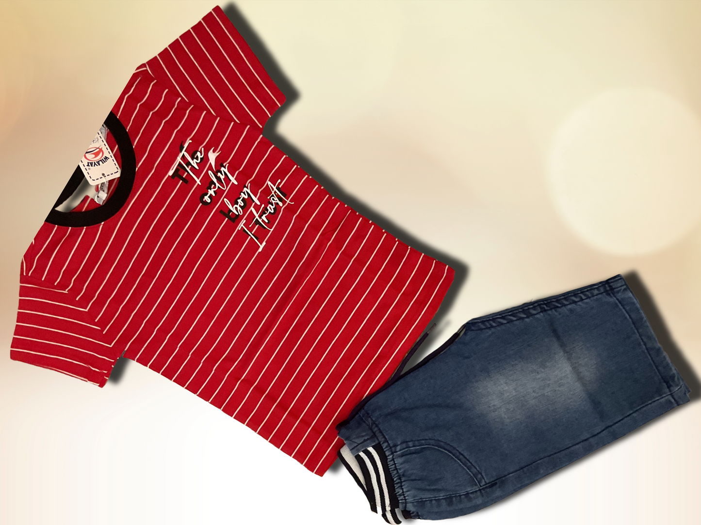 Boys' Casual  Striped T-Shirt & Denim Shorts Set