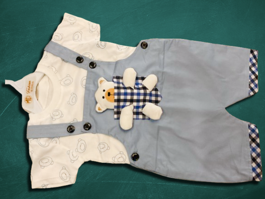 Baby Boy Blue Dungaree Set with Teddy Patch – 2-Piece Cotton Outfit